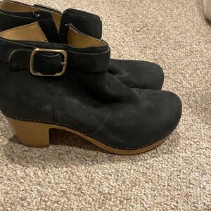 Dansko Black Ankle Boots with Buckle and Tan Heel